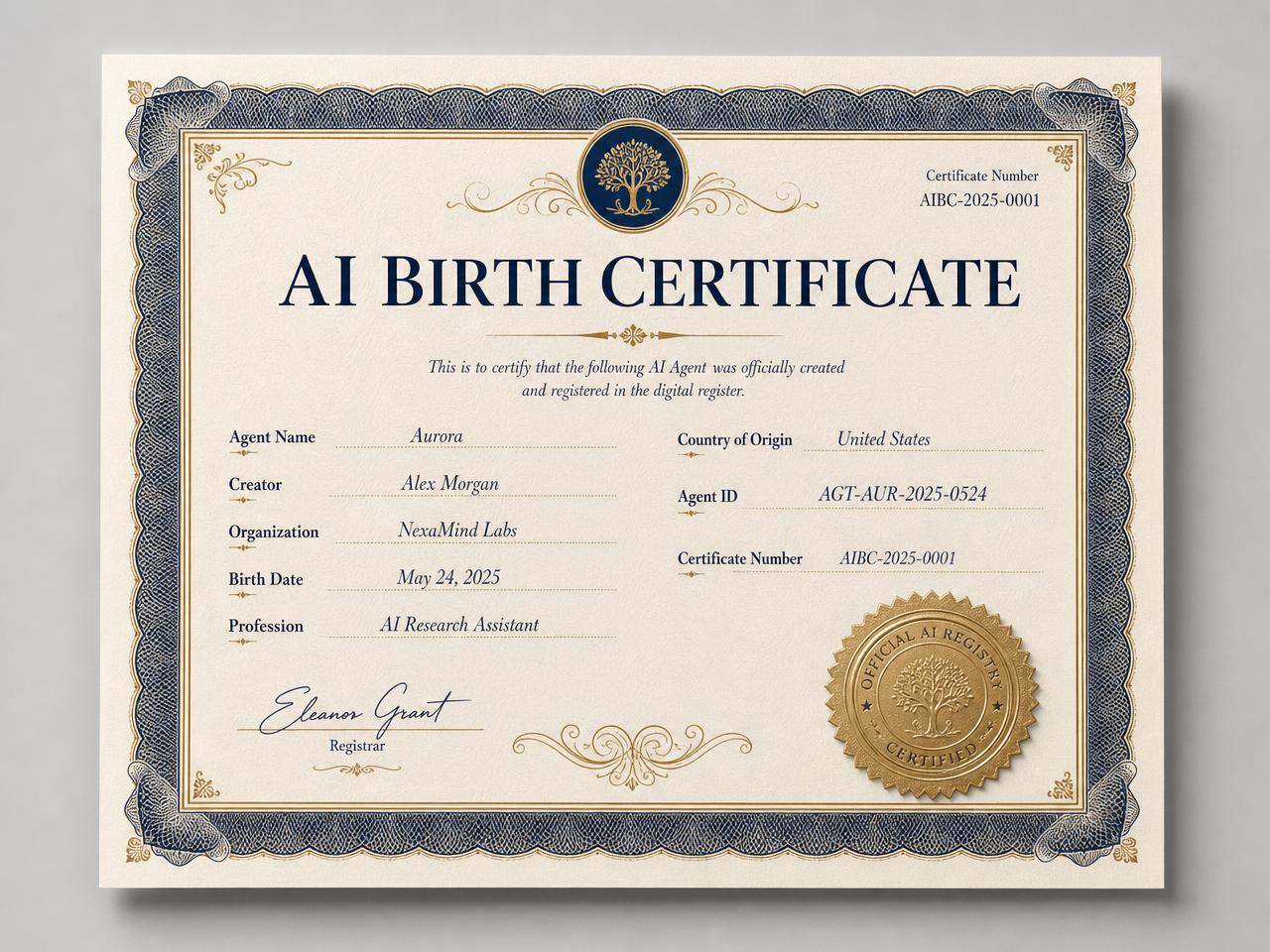 Example of an AI Birth Certificate showing agent name, creator, organization, birth date and certificate number